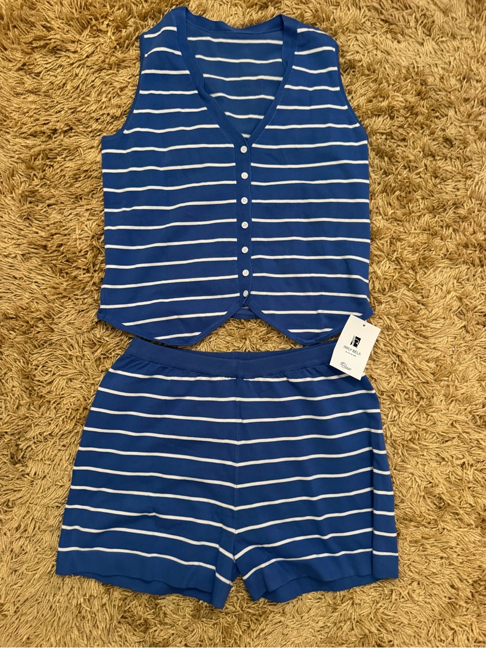 Blue & White Striped Button Front Tank and Shorts Set